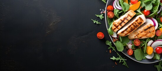 Aufkleber - Top view of a healthy menu featuring a salad with grilled chicken, fresh vegetables, spinach, arugula, red onion, and tomato, suitable for a diet, with copy space image.