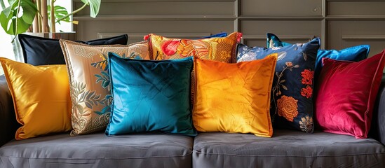 Poster - Another color pillows on a sofa. with copy space image. Place for adding text or design