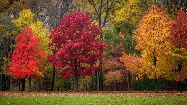 The autumnal trees in the park are ablaze with a riot of vivid colors AI generated