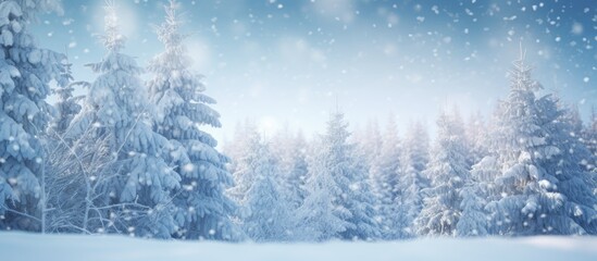 Poster - Snow-covered pine tree branches creating a picturesque winter scene with a blurred background; a lovely winter nature copy space image.