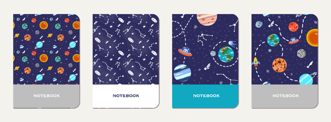 Wall Mural - school notebook cover design with cartoon galaxy.