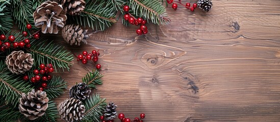 Poster - Top-down view of Christmas decorations: spruce branches, red berries, natural pine cones on light wooden backdrop with branch extending from the left; ideal for copy space image.