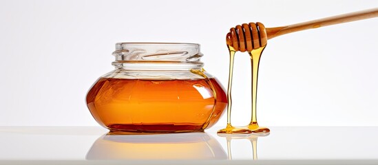 Aufkleber - Honey jar and drizzler on white backdrop with copy space image.