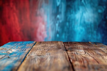 Wall Mural - A wooden table set against a vibrant red and blue background, ideal for use in graphic design, marketing materials or as a decorative element