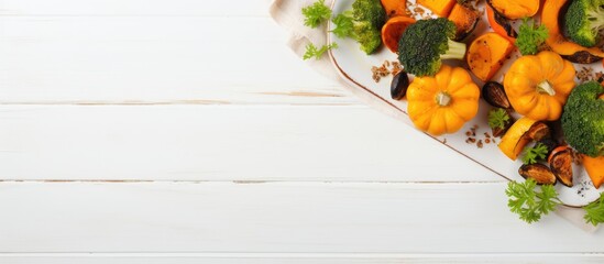 Poster - Rustic autumn pumpkin dish with grilled spices, olive oil, herbs, broccoli, and onions on a baking sheet. White wooden background from a top view with a copy space image.