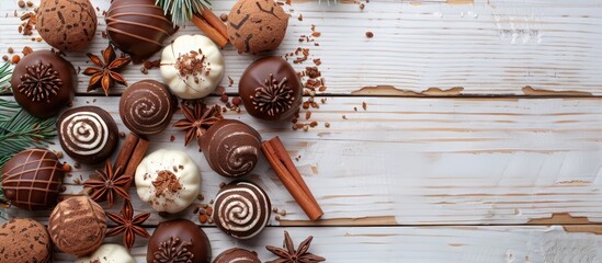 Wall Mural - White wood background with Christmas-themed chocolate truffles and spices, perfect for a festive copy space image.