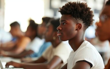 Poster - Diverse College Students Using Technology in Modern Classroom, Engaged in Digital Learning with Laptops and Tablets