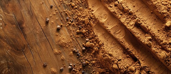 Leinwandbilder - Close-up of fragrant ground cinnamon powder on a textured wooden background, perfect for baking, desserts, and drinks, with a spacious area for text or images. with copy space image