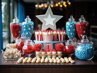 Wall Mural - Excellent Birthday party table and decorations with colorful food sweets inside balloons