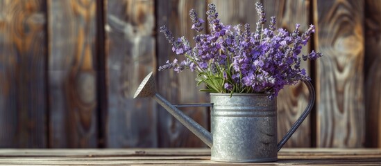 Aufkleber - A watering can filled with lavender flowers displayed on a wooden surface, providing ample space for additional content in the image.