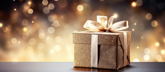 Poster - Holiday greeting card featuring a Christmas gift box set against a bokeh background with a spacious area for additional text or images - a copy space image.