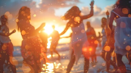 Blurred Sunset Beach Party with Joyful Friends Dancing