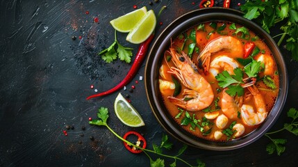Bowl of Thai Tom Yum soup with seafood, coconut milk, and aromatic herbs