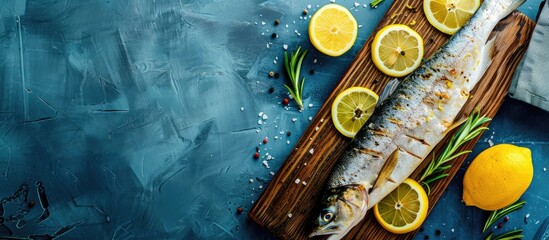 Wall Mural - Raw pike with lemon slices presented on wooden board, placed on blue boards with copy space image.