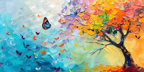 Wall Mural - Colorful abstract oil painting of a tree with vibrant leaves and a butterfly. Concept Art, Abstract Painting, Tree, Vibrant Colors, Butterflies