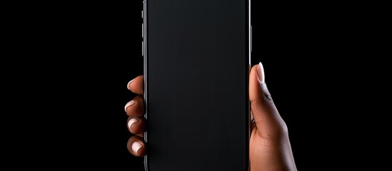 A woman is holding a smartphone with a dark screen in her hand against a white background, with available copy space for an image.