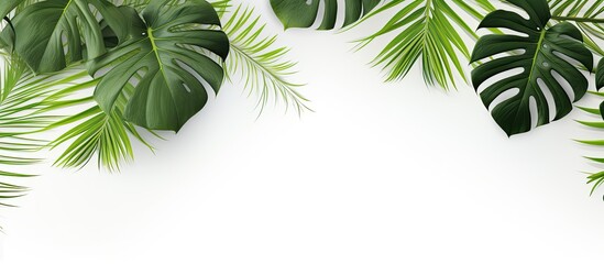 Leinwandbilder - Top view of Monstera leaves in summer on a white background with available copy space image.