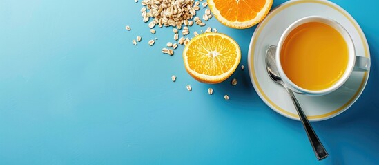 Poster - Blue background with oatmeal, orange juice, and coffee, all displayed for a copy space image.