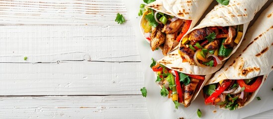Poster - Top view of a burrito filled with grilled chicken, vegetables, fajitas, and shawarma on a white wooden backdrop, with copy space image.