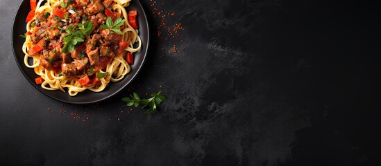 Poster - Top view of a black bowl filled with fettuccine pasta and beef ragout sauce on a grey background with ample copy space image.