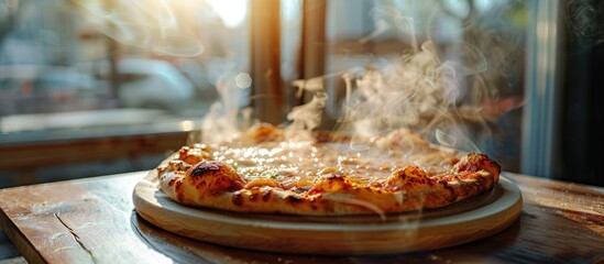 Poster - Pizza with steam rising against a window with copy space image.