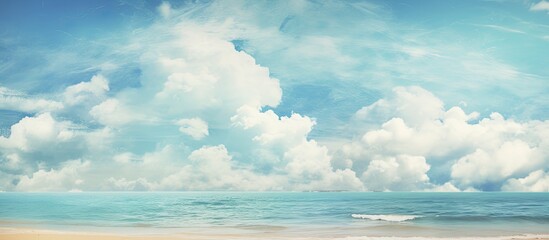 Wall Mural - A serene tropical beach scene with a vivid blue sky, fluffy white clouds, and a textured background. Perfect for a summer vacation or travel-related design project, featuring a vintage color scheme