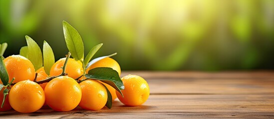 Wall Mural - Ripe kumquats with leaves displayed on wooden table with copy space image.