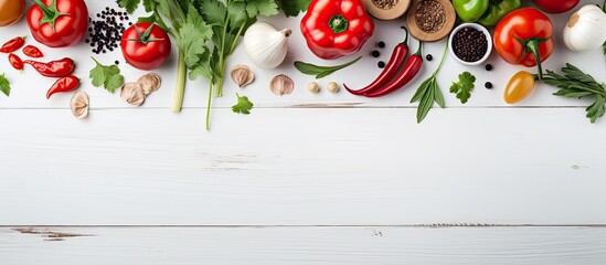 Italian recipes come to life with fresh organic ingredients, set on a white wooden table for a healthy culinary concept. View from above with room for text or an image. with copy space image