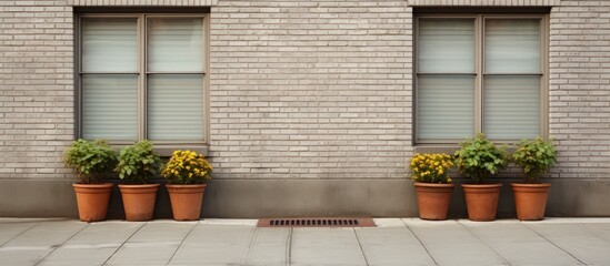 Aufkleber - A brick wall adorned with two closed gray shutters and flowerpots, facing a concrete sidewalk and street, providing a background for a copy space image.