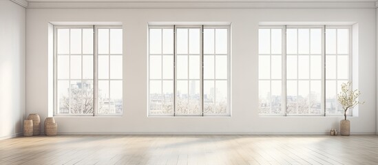 Poster - Renovated apartment featuring large windows and glass walls connecting empty rooms with white walls and floors, ideal for a copy space image.
