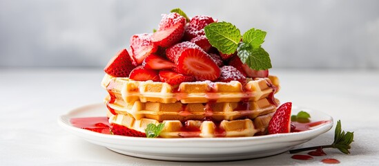 Aufkleber - Belgian waffles with strawberries and jam on white table, creating a summer food concept. Soft focus enhances the copy space image.