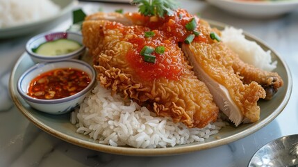 Wall Mural - Hainanese chicken rice with crispy fried chicken and a side of spicy chili sauce