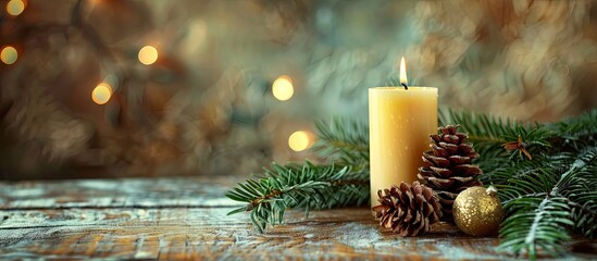 Sticker - Festive Christmas decorations featuring a candle, fir branches, pine cones, presented on a rustic wooden table against a textured backdrop, with a particular focus on the arrangement with copy space