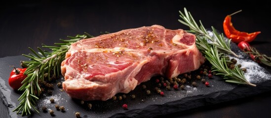 Fototapete - Uncooked pork steak seasoned with pepper, garlic, and rosemary on a wooden cutting board over a gray stone background, providing copy space in the image.