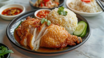 Wall Mural - Hainanese chicken rice with golden fried chicken, flavorful oily rice, and chili sauce on the side