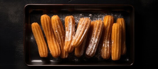Aufkleber - Top view flat lay of churros dusted with sugar powder in a paper tray placed on a black background, features ample copy space image.