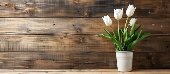 Aufkleber - Two white tulips in the pot on wooden table. with copy space image. Place for adding text or design