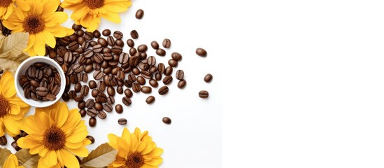 Poster - White background with copy space image featuring roasted coffee beans, washed coffee beans, and a yellow chrysanthemum flower.