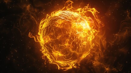 Wall Mural - A bright fireball glows in the darkness of a black background, providing a striking visual contrast