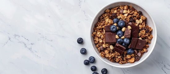 Aufkleber - Granola, dark chocolate, nuts, blueberries in a bowl placed on a white marble surface providing a healthy breakfast option. Seen from top with space for text in the image. with copy space image