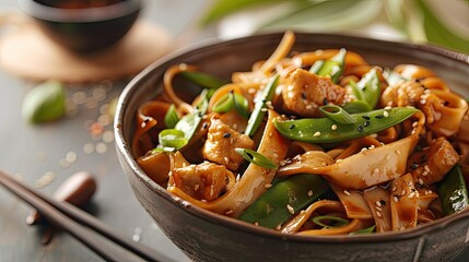 Wall Mural - Hearty stir-fried large noodles with soy sauce and snow peas