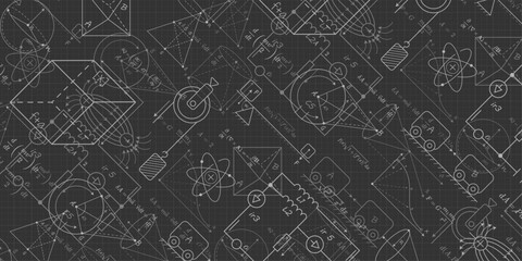 Wall Mural - black school background. formulas and drawings. physics and mathematics . scientific research. vecto