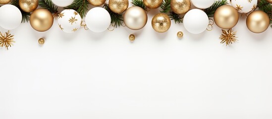 Poster - Festive holiday arrangement with white background, featuring Christmas and New Year decorations like balls. Creative concept for winter celebrations, viewed from above with room for text or images