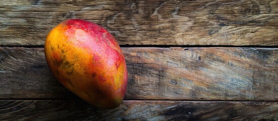 Wall Mural - From a top-down perspective, a ripe mango is displayed on a wooden surface, providing a backdrop with ample space for additional text or images, known as a 'copy space image.'