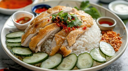 Wall Mural - Plate of Hainanese chicken rice with fried chicken, garnished with cucumber slices and chili sauce