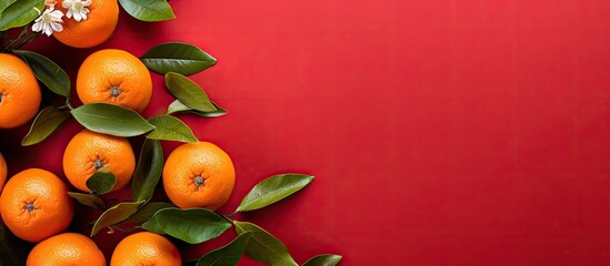 Poster - Flat lay of ripe Sicilian oranges and leaves set against a red backdrop, perfect for overlaying copy space image.