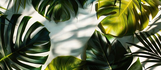 Poster - Artistic arrangement of vibrant tropical leaves on a white backdrop illuminated by sunlight, casting shadows - capturing a minimalist summer vibe with copy space image.