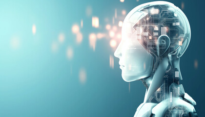 Wall Mural - futuristic side profile of a human-like robot with intricate digital circuitry, glowing lights, and 