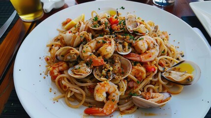 Wall Mural - Seafood drunken spaghetti with a generous amount of shrimp, squid, and clams
