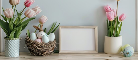 Aufkleber - A table displaying a blank photo frame surrounded by a nest filled with Easter eggs, rabbits, tulips, all against a light wall, creating a perfect copy space image.